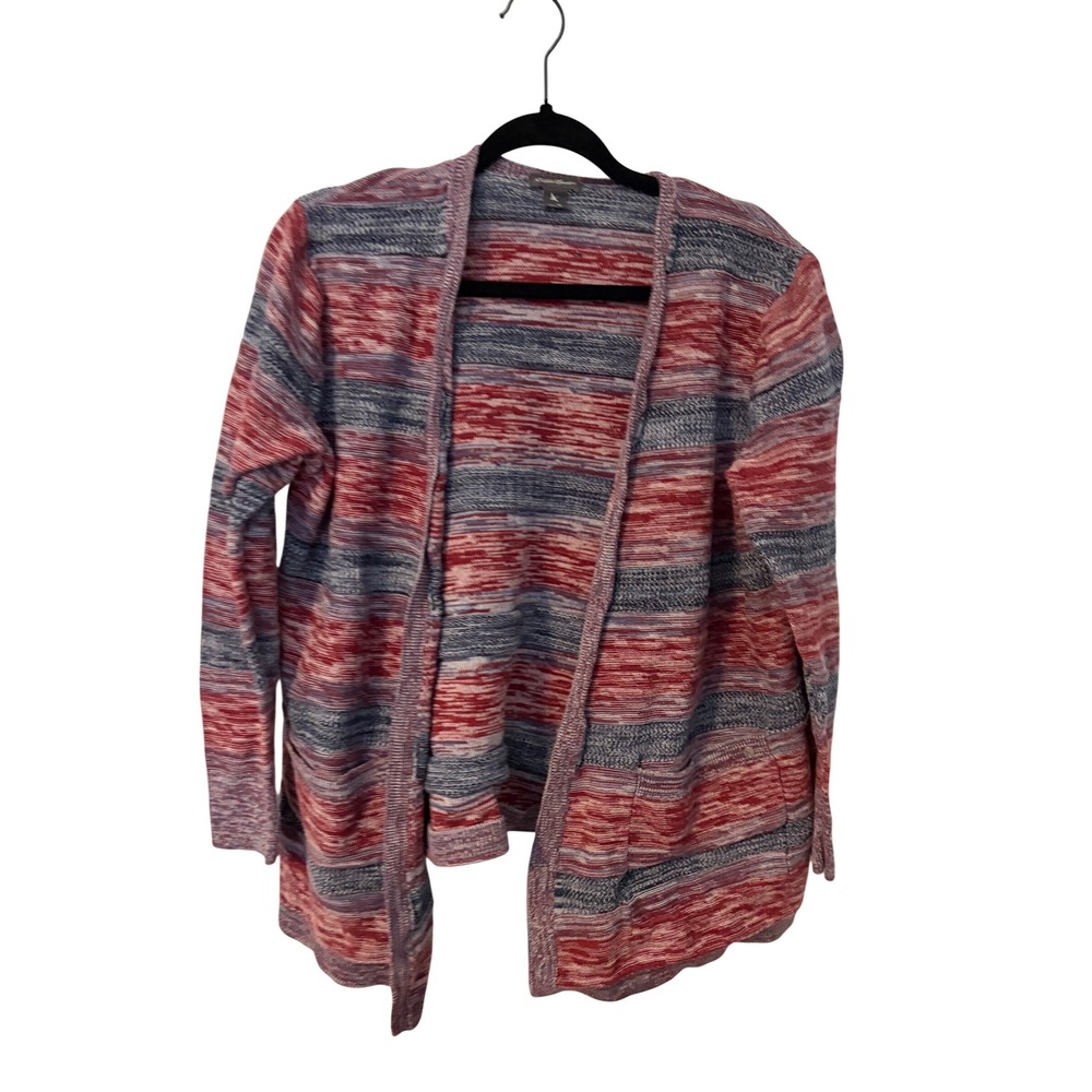 Eddie Bauer Womens XL Red Blue Striped Space Dye Open Front Cotton Cardigan